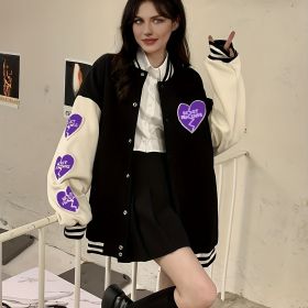 Preppy Heart Print Striped Trim Hem Patchwork Bomber Jacket, Casual Winter Oversized Coat, Women's Clothing (Color: Purple, size: XL(12))