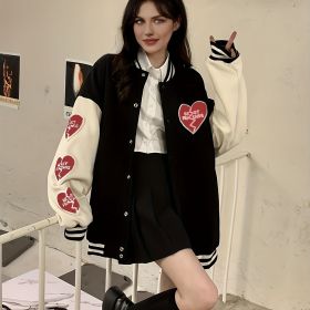 Preppy Heart Print Striped Trim Hem Patchwork Bomber Jacket, Casual Winter Oversized Coat, Women's Clothing (Color: Red, size: XL(12))