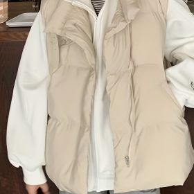 Winter Lapel Puffer Vest , Casual Pocket Fashion Loose Puffer Vest, Women's Clothing (Color: Apricot, size: One-size)
