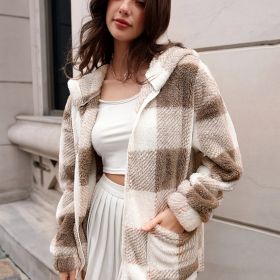 Plaid Hooded Teddy Coat, Elegant Zip Up Long Sleeve Winter Warm Outerwear, Women's Clothing (Color: Mixed Colors, size: M(6))