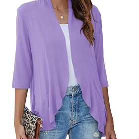 V-neck Loose Ruffle Cardigans; Casual Solid Color Three Quarter Long Sleeve Fall Winter Cardigan; Women's Clothing (Color: Purple, size: XXL(14))