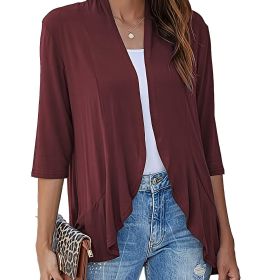 V-neck Loose Ruffle Cardigans; Casual Solid Color Three Quarter Long Sleeve Fall Winter Cardigan; Women's Clothing (Color: Claret, size: XXL(14))