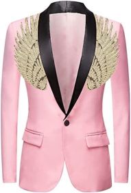 Men's Suit Jackets Colorful Sequin Wing Dress Coats Party Floral Suit Jacket Notched Lapel Slim Fit Tuxedo Blazers (Color: pink1, size: L)