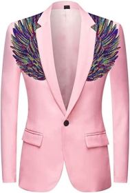 Men's Suit Jackets Colorful Sequin Wing Dress Coats Party Floral Suit Jacket Notched Lapel Slim Fit Tuxedo Blazers (Color: pink3, size: M)