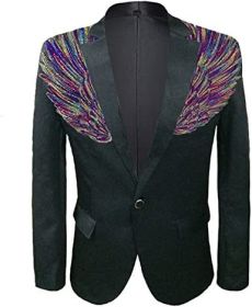 Men's Suit Jackets Colorful Sequin Wing Dress Coats Party Floral Suit Jacket Notched Lapel Slim Fit Tuxedo Blazers (Color: black1, size: XXL)