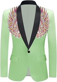 Men's Suit Jackets Colorful Sequin Wing Dress Coats Party Floral Suit Jacket Notched Lapel Slim Fit Tuxedo Blazers (Color: green1, size: S)