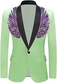 Men's Suit Jackets Colorful Sequin Wing Dress Coats Party Floral Suit Jacket Notched Lapel Slim Fit Tuxedo Blazers (Color: green3, size: L)