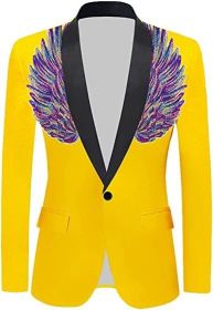 Men's Suit Jackets Colorful Sequin Wing Dress Coats Party Floral Suit Jacket Notched Lapel Slim Fit Tuxedo Blazers (Color: yellow3, size: S)