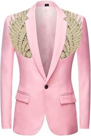 Men's Suit Jackets Colorful Sequin Wing Dress Coats Party Floral Suit Jacket Notched Lapel Slim Fit Tuxedo Blazers (Color: pink4, size: XL)