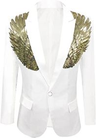 Men's Suit Jackets Colorful Sequin Wing Dress Coats Party Floral Suit Jacket Notched Lapel Slim Fit Tuxedo Blazers (Color: White, size: L)