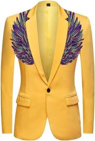 Men's Suit Jackets Colorful Sequin Wing Dress Coats Party Floral Suit Jacket Notched Lapel Slim Fit Tuxedo Blazers (Color: yellow1, size: L)