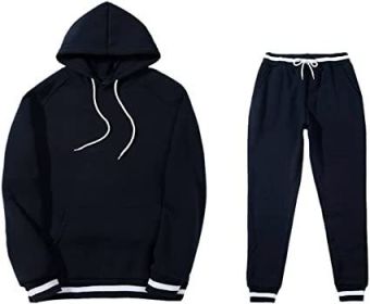 Mens 2 Piece Tracksuit Running Jogging Hoodie Pants Sets Loose Hooded Plus Velvet and Thick Sport Suit (Color: Navy blue, size: S)