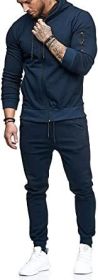 Mens 2 Piece Tracksuit Zipper Hoodie Pants Athletic Tracksuits Casual Hooded Outdoor Sport Suits (Color: Navy blue, size: S)