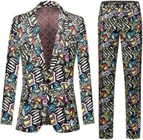 Mens Single Row Print Slim Fit Suit Sets for Party; Photo Studio (Color: Black, size: M)