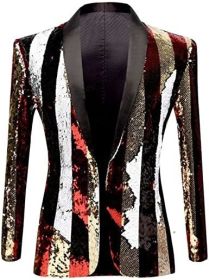 Men's Shiny Sequins Suit Jackets Sparkle Sequin Open Front Blazers Casual Stylish Cardigan for Party Wedding Prom Purple (Color: stripe, size: XL)