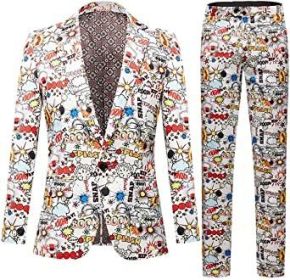 Mens Single Row Print Slim Fit Suit Sets for Party; Photo Studio (Color: Pink, size: XXL)
