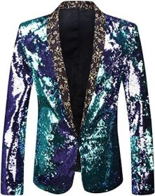Men's Shiny Sequins Suit Jackets Sparkle Sequin Open Front Blazers Casual Stylish Cardigan for Party Wedding Prom Purple (Color: purple1, size: S)
