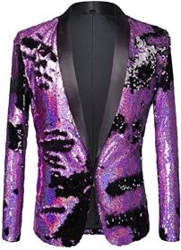 Men's Shiny Sequins Suit Jackets Sparkle Sequin Open Front Blazers Casual Stylish Cardigan for Party Wedding Prom Purple (Color: purple2, size: S)
