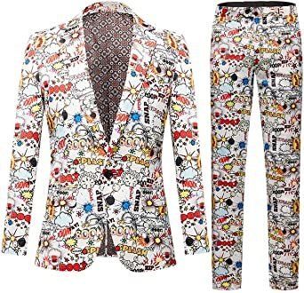 Mens Single Row Print Slim Fit Suit Sets for Party; Photo Studio