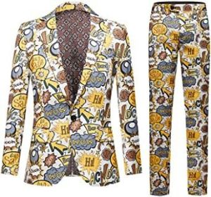 Mens Single Row Print Slim Fit Suit Sets for Party; Photo Studio (Color: Yellow, size: S)