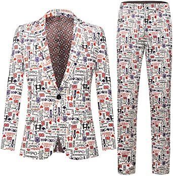 Mens Single Row Print Slim Fit Suit Sets for Party; Photo Studio