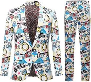 Mens Single Row Print Slim Fit Suit Sets for Party; Photo Studio (Color: Blue, size: S)