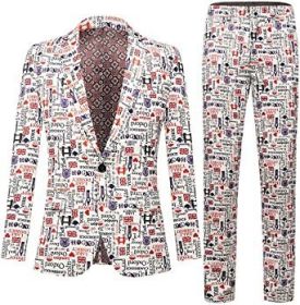 Mens Single Row Print Slim Fit Suit Sets for Party; Photo Studio (Color: beige2, size: S)