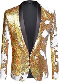 Men's Shiny Sequins Suit Jackets Sparkle Sequin Open Front Blazers Casual Stylish Cardigan for Party Wedding Prom Purple (Color: gold2, size: XXL)