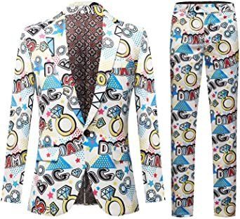 Mens Single Row Print Slim Fit Suit Sets for Party; Photo Studio