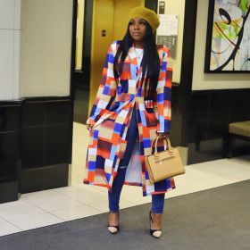 Autumn and Winter New Windbreaker Large Size Plaid Print Double-breasted Lapel Long Coat Women's Clothing (Color: Multicolor, size: 4XL)