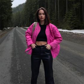 Women Coats Casual Winter Jacket Solid Round Neck Button Long Sleeve Pocket Parkas Female 2022 Autumn Fashion Loose Lady Coat (Color: Rose Red, size: M)