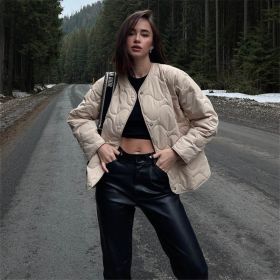 Women Coats Casual Winter Jacket Solid Round Neck Button Long Sleeve Pocket Parkas Female 2022 Autumn Fashion Loose Lady Coat (Color: Khaki, size: S)