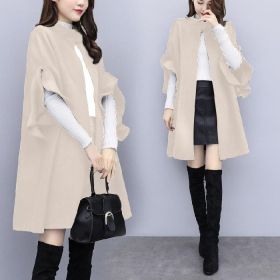 New women's autumn and winter plus size mid-length woolen coat British style a-line cloak woolen coat (Color: Apricot, size: L)