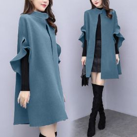 New women's autumn and winter plus size mid-length woolen coat British style a-line cloak woolen coat (Color: Blue, size: XL)