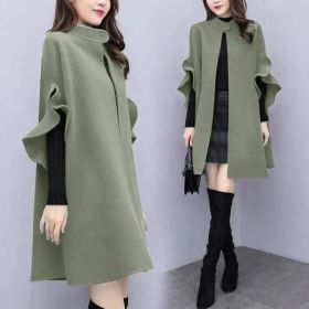 New women's autumn and winter plus size mid-length woolen coat British style a-line cloak woolen coat (Color: Green, size: XXL)
