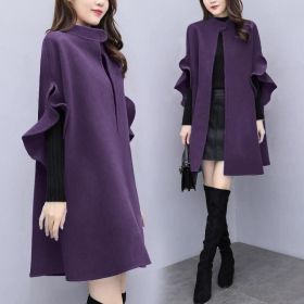 New women's autumn and winter plus size mid-length woolen coat British style a-line cloak woolen coat (Color: Purple, size: XXXL)