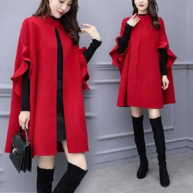 New women's autumn and winter plus size mid-length woolen coat British style a-line cloak woolen coat (Color: Red, size: M)