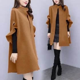 New women's autumn and winter plus size mid-length woolen coat British style a-line cloak woolen coat (Color: Khaki, size: XXL)