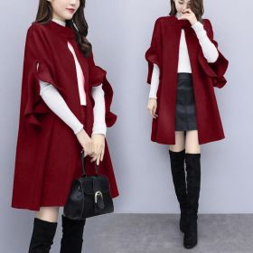 New women's autumn and winter plus size mid-length woolen coat British style a-line cloak woolen coat (Color: wine red, size: XXXXL)