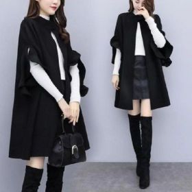 New women's autumn and winter plus size mid-length woolen coat British style a-line cloak woolen coat (Color: Black, size: XXXL)