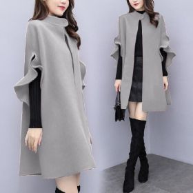 New women's autumn and winter plus size mid-length woolen coat British style a-line cloak woolen coat (Color: Gray, size: XXXXL)
