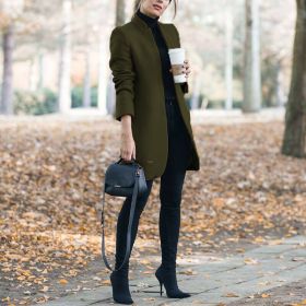 Fall/winter women's new coat fashion solid color stand collar woolen coat (Color: Army Green, size: L)