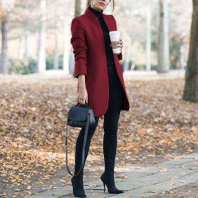 Fall/winter women's new coat fashion solid color stand collar woolen coat (Color: Burgundy, size: XXXL)