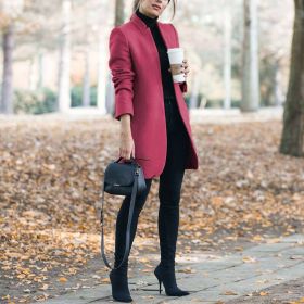Fall/winter women's new coat fashion solid color stand collar woolen coat (Color: Rose Red, size: XXXL)