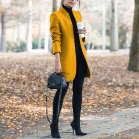 Fall/winter women's new coat fashion solid color stand collar woolen coat (Color: Yellow, size: S)