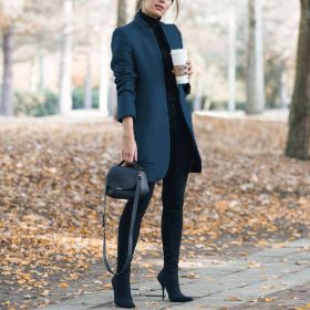 Fall/winter women's new coat fashion solid color stand collar woolen coat (Color: Sea blue, size: XXXXL)