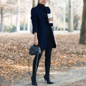 Fall/winter women's new coat fashion solid color stand collar woolen coat (Color: dark blue, size: XXXL)