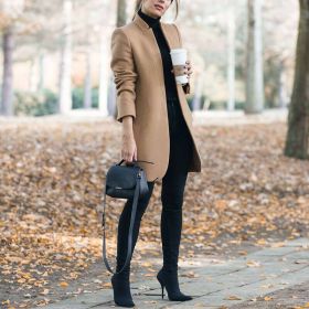 Fall/winter women's new coat fashion solid color stand collar woolen coat (Color: Khaki, size: XXXXL)