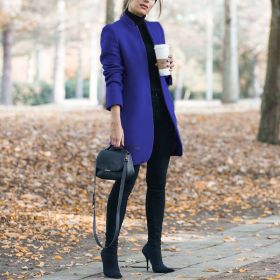 Fall/winter women's new coat fashion solid color stand collar woolen coat (Color: Blue, size: XXXXXL)