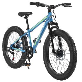 24 Inch Fat Tire Bike Adult/Youth Full Shimano 7 Speeds Mountain Bike, Dual Disc Brake, High-Carbon Steel Frame, Front Suspension, Mountain Trail Bike (Color: Green)